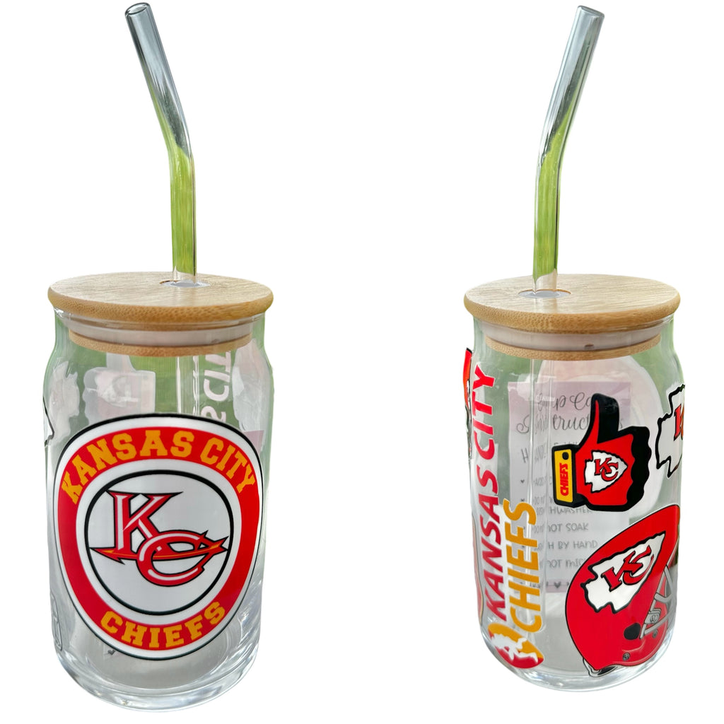 NFL Team Glass cups with Reusable Straw (look through photos for your teams design)