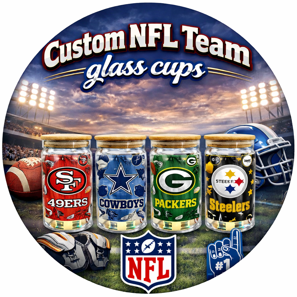 NFL Team Glass cups with Reusable Straw (look through photos for your teams design)