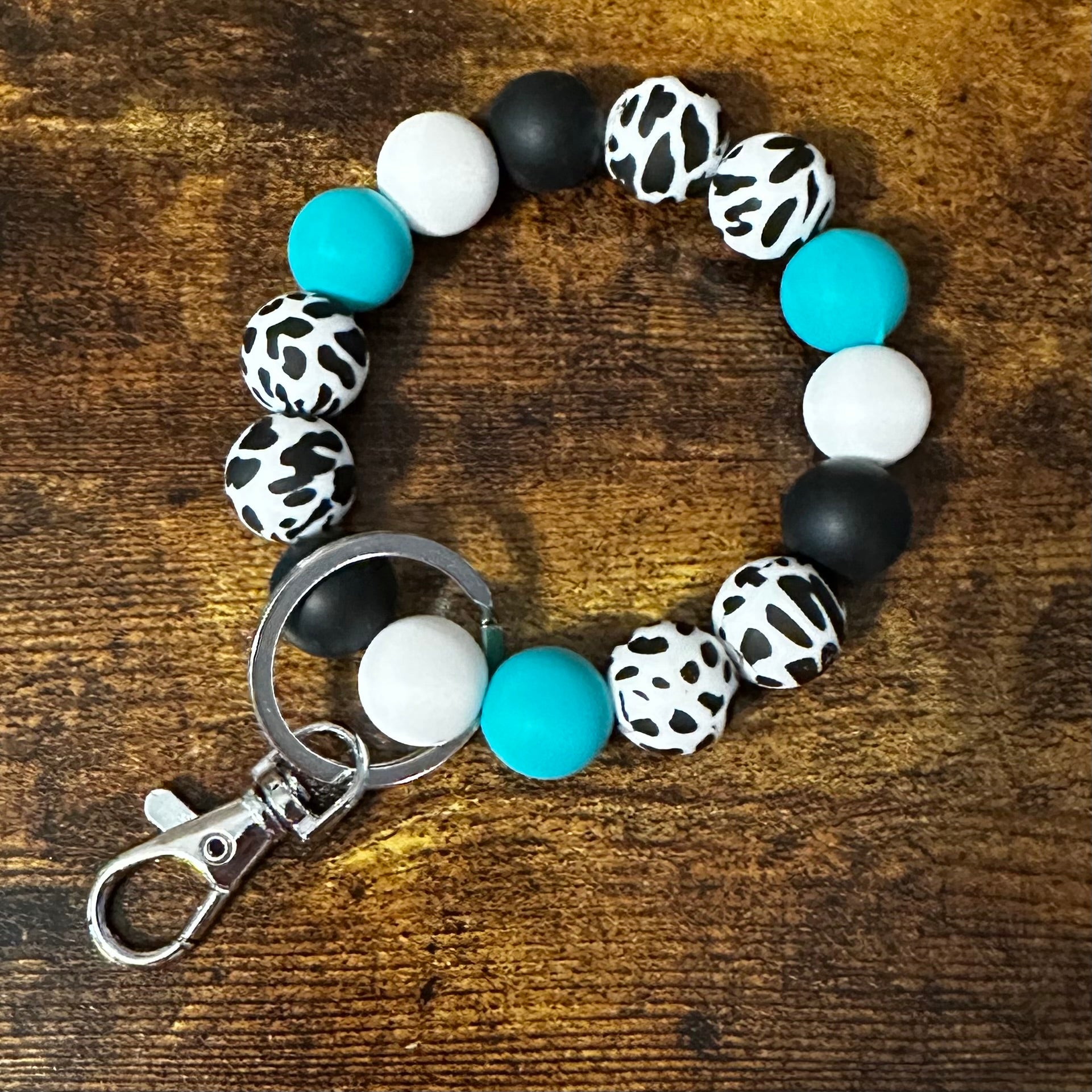 Cow print, Blue & White wristlet keychain