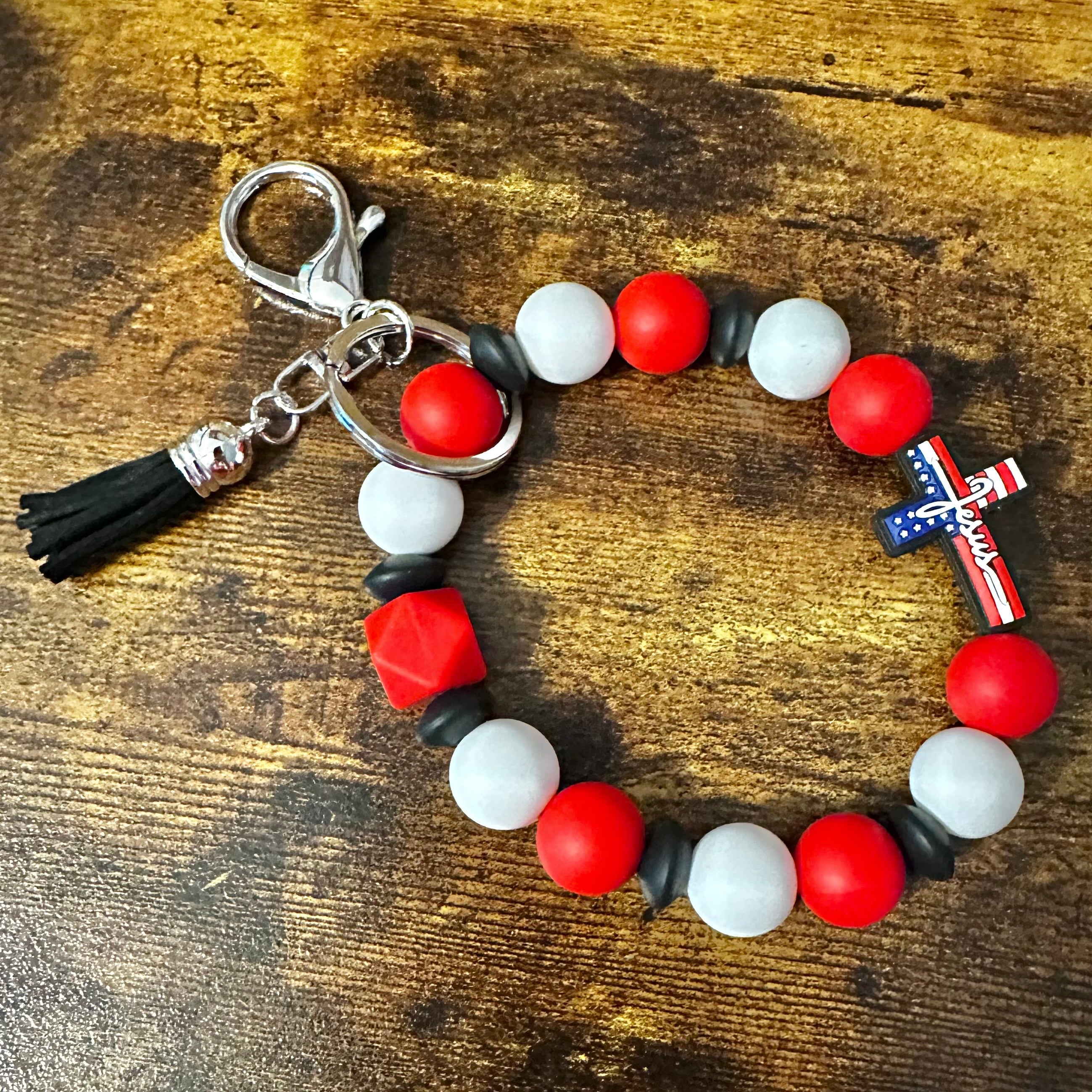 American Flag themed Cross beaded Wristlet keychain