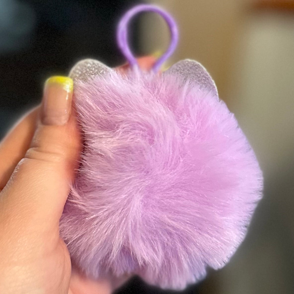 Fuzzy Puff Keychain with googly eyes and glasses